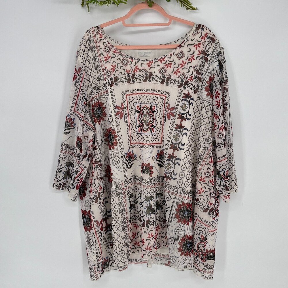 Catherines Floral Print Mesh Blouse Size 2X Fairy Boho Relaxed Fit Career Office
